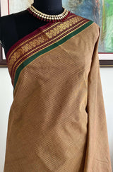 RANVIKA- BEIGE GADWAL COTTON SAREE WITH MAROON ZARI BORDER