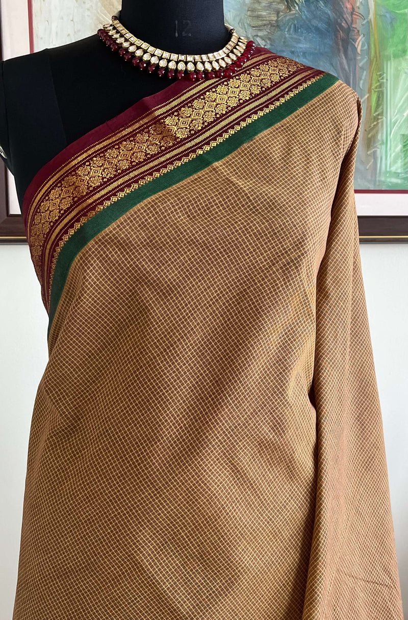 RANVIKA- BEIGE GADWAL COTTON SAREE WITH MAROON ZARI BORDER