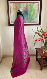 TAHIRA – MAGENTA TANCHOI BANARASI WITH DIAGONAL FLORALS AND PAISLEY AANCHAL