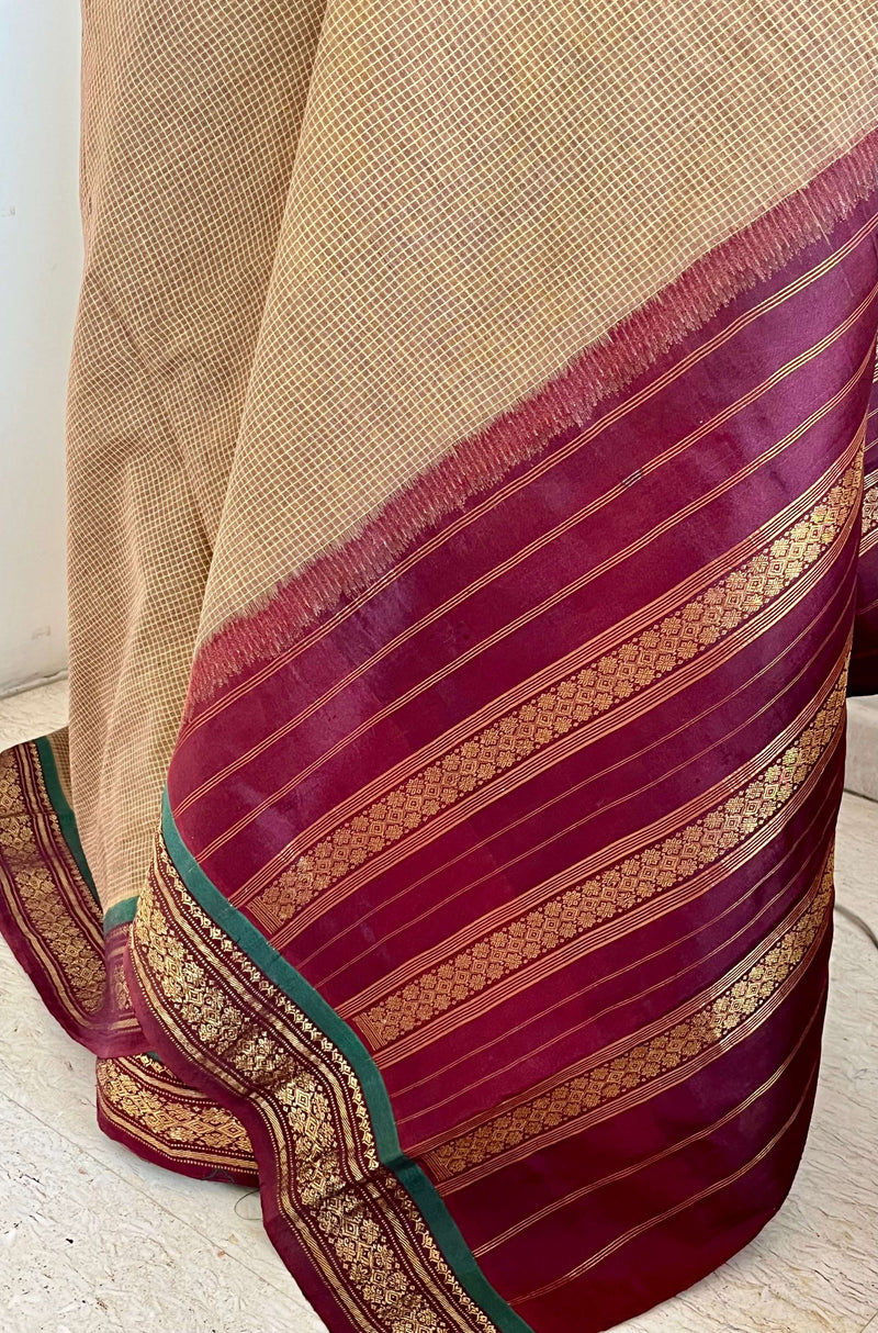 RANVIKA- BEIGE GADWAL COTTON SAREE WITH MAROON ZARI BORDER