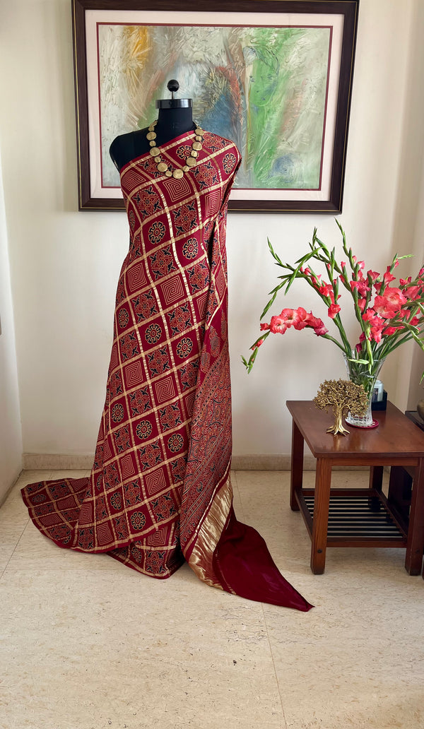 HETVI - REDDISH MAROON AJRAKH GHARCHOLA WITH LAGDI PATTA AANCHAL