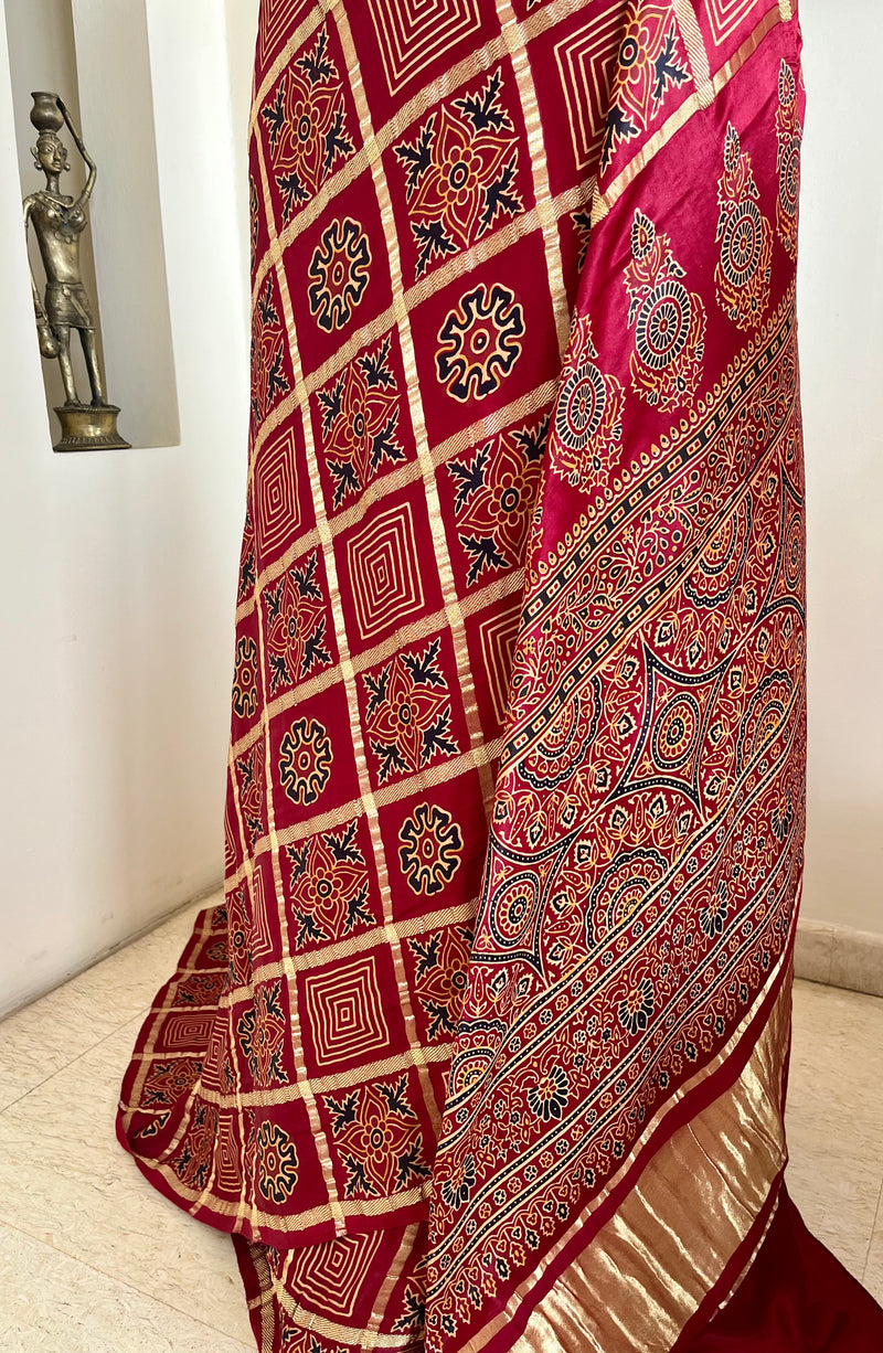 HETVI - REDDISH MAROON AJRAKH GHARCHOLA WITH LAGDI PATTA AANCHAL