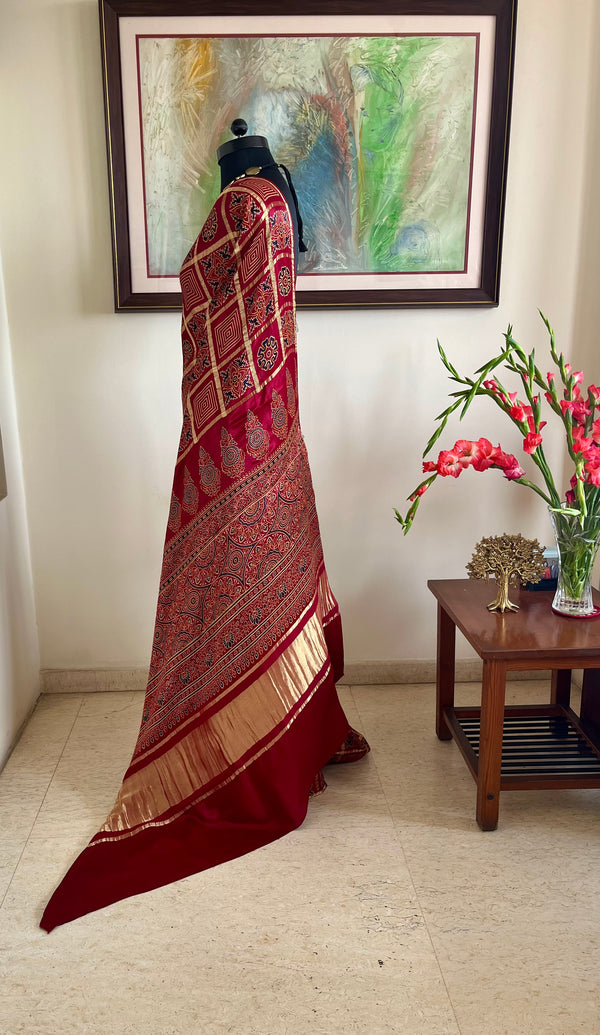 HETVI - REDDISH MAROON AJRAKH GHARCHOLA WITH LAGDI PATTA AANCHAL
