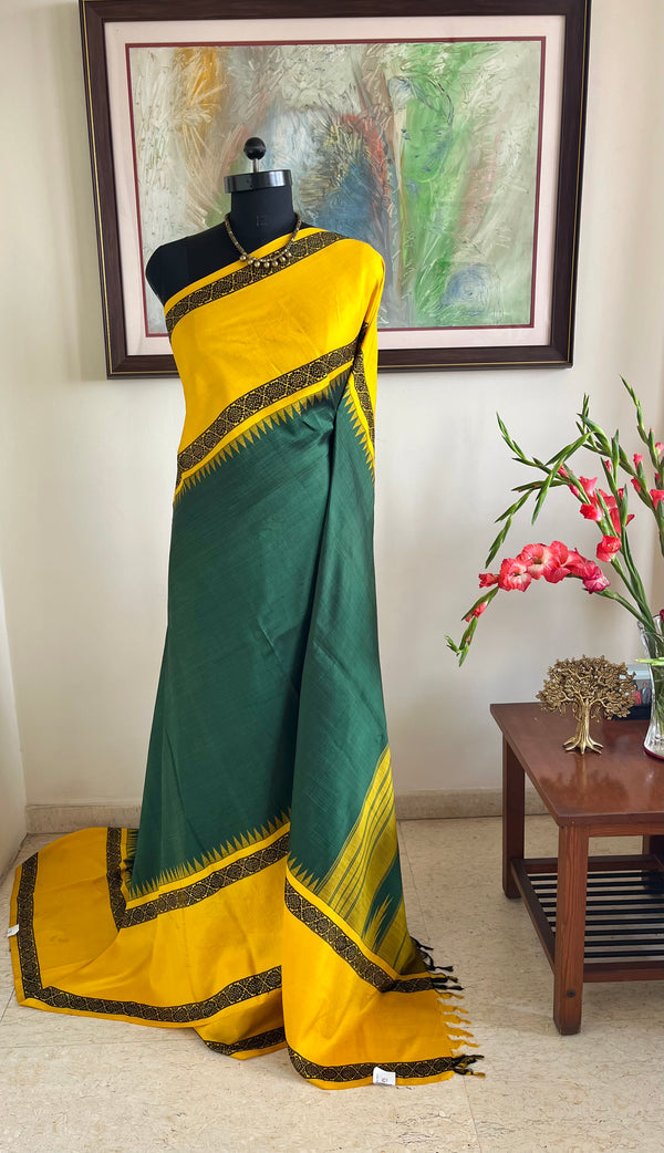 GOMIKA- TEAL GREEN KANJIVARAM WITH YELLOW BORDER AND RUDRAKSHA
