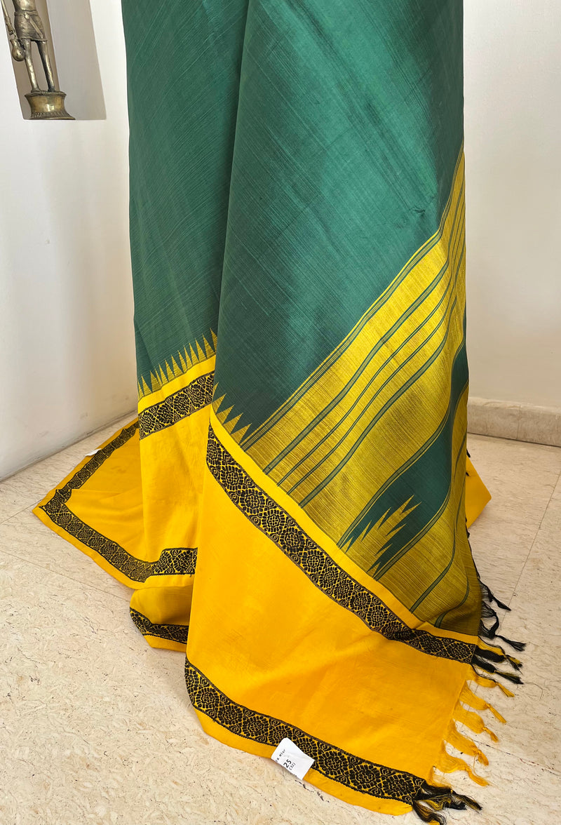 GOMIKA- TEAL GREEN KANJIVARAM WITH YELLOW BORDER AND RUDRAKSHA