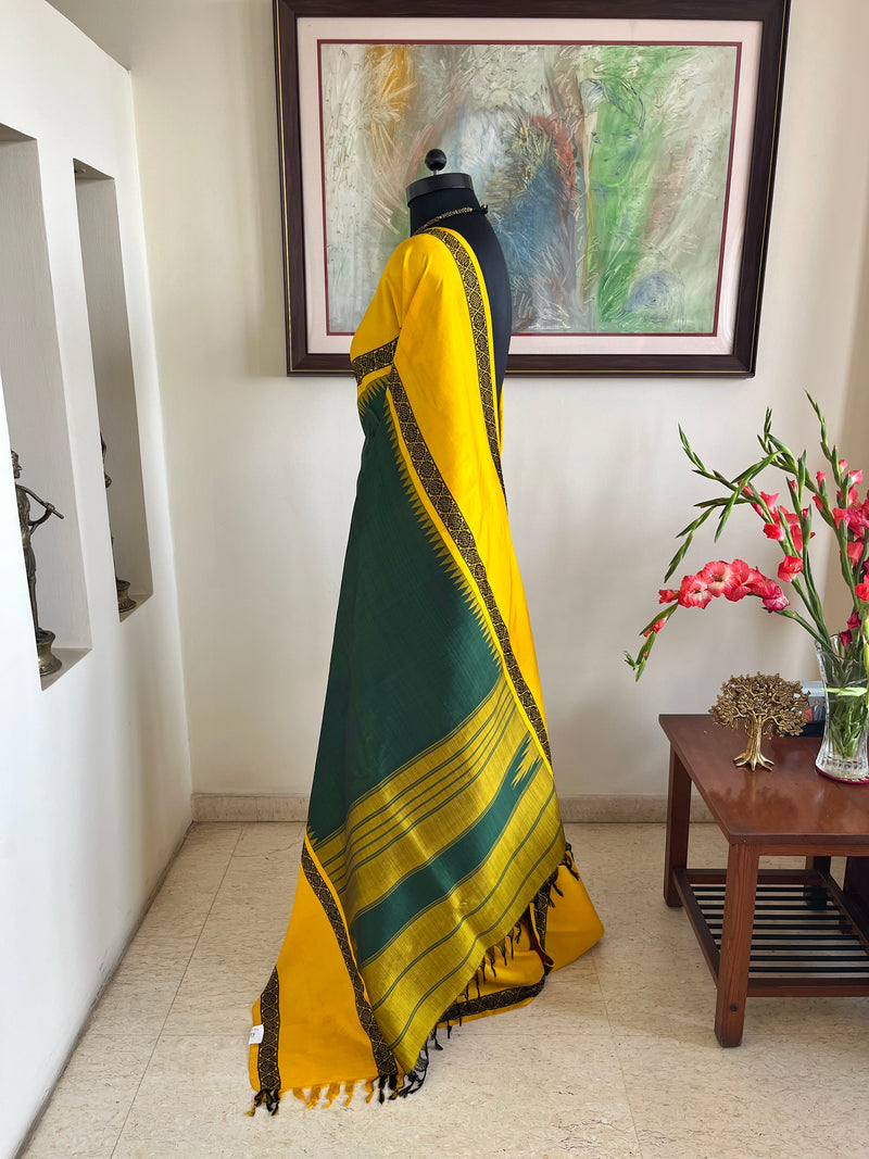 GOMIKA- TEAL GREEN KANJIVARAM WITH YELLOW BORDER AND RUDRAKSHA