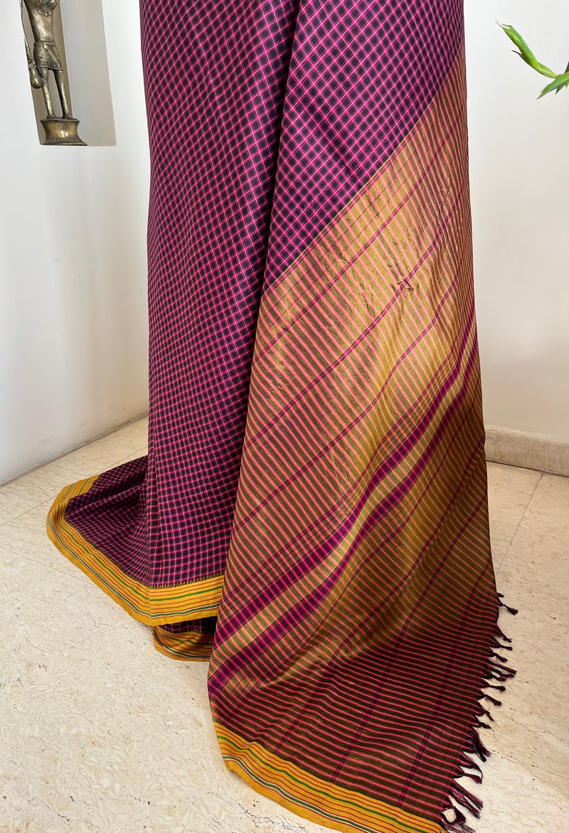 MATHURA- PURPLE PINK KATTAM KANJIVARAM WITH MUSTARD BORDER AND STRIPES