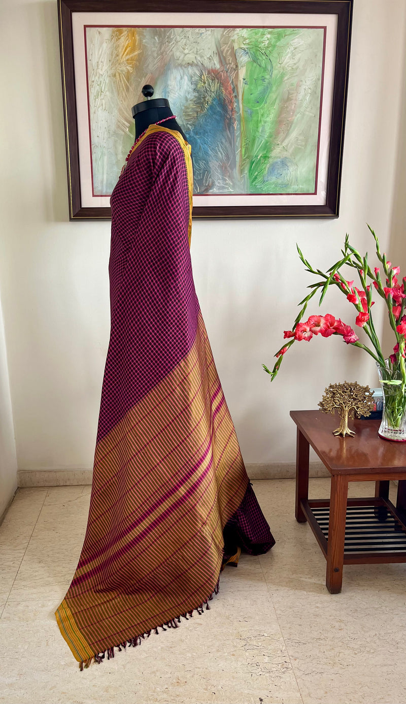 MATHURA- PURPLE PINK KATTAM KANJIVARAM WITH MUSTARD BORDER AND STRIPES