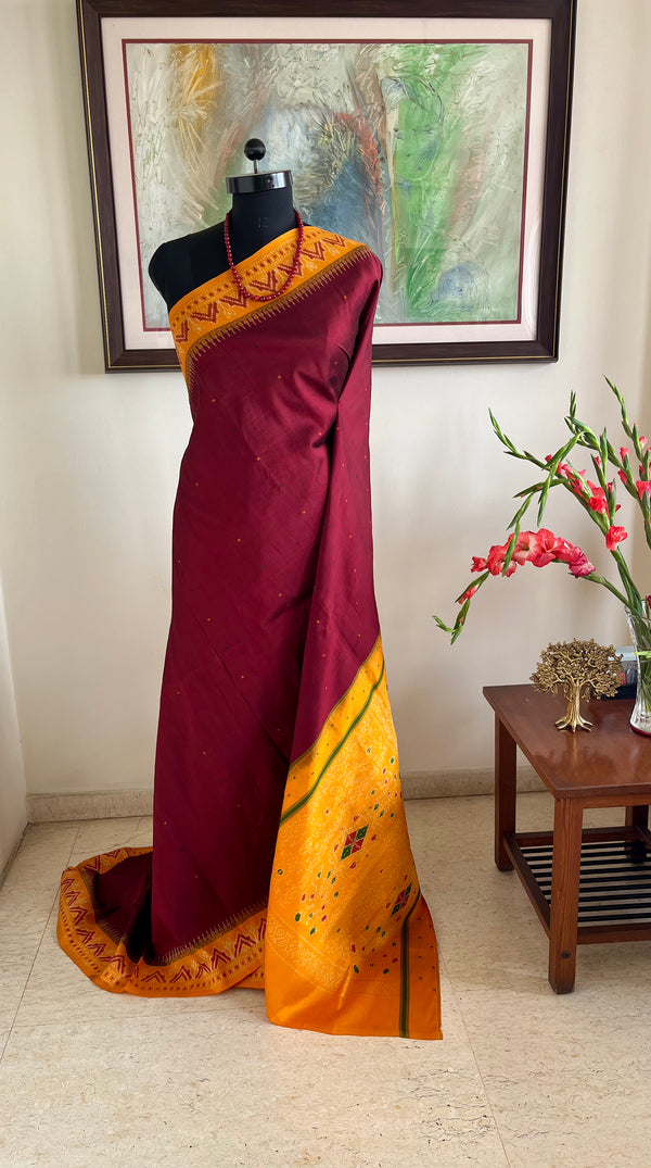 RENAVI- COFFEE MAROON POCHAMPALLY WITH OCHRE ORANGE TEMPLE BORDERS