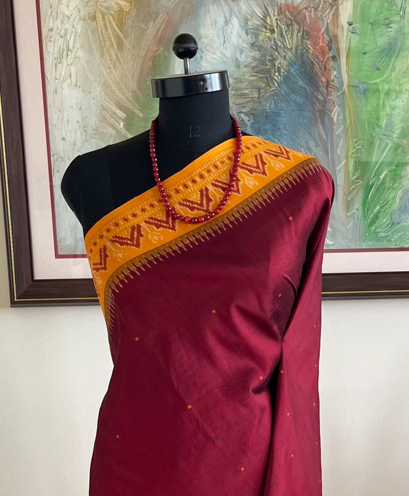 RENAVI- COFFEE MAROON POCHAMPALLY WITH OCHRE ORANGE TEMPLE BORDERS