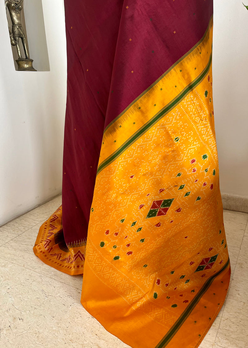 RENAVI- COFFEE MAROON POCHAMPALLY WITH OCHRE ORANGE TEMPLE BORDERS