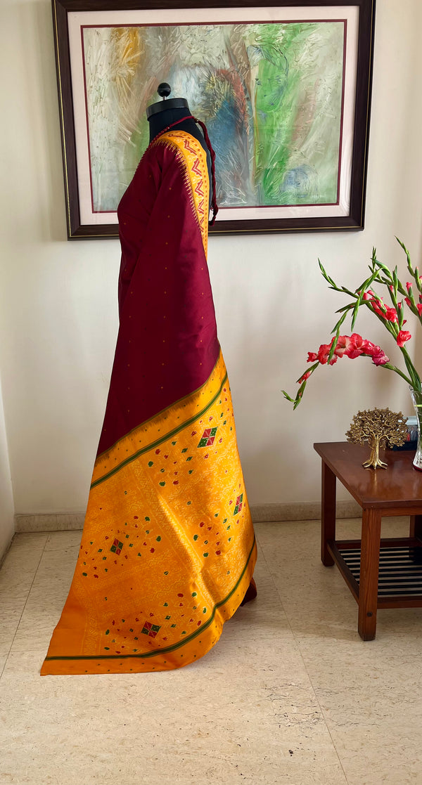 RENAVI- COFFEE MAROON POCHAMPALLY WITH OCHRE ORANGE TEMPLE BORDERS