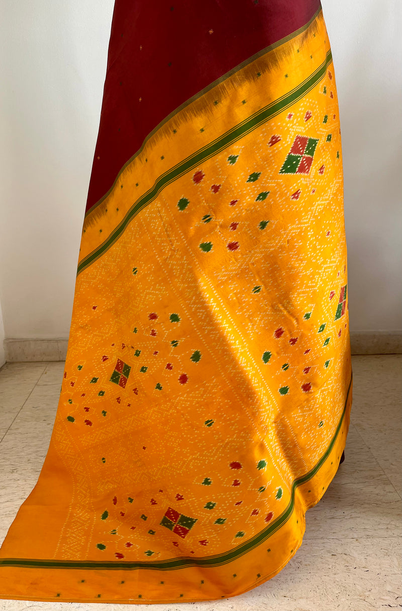 RENAVI- COFFEE MAROON POCHAMPALLY WITH OCHRE ORANGE TEMPLE BORDERS