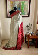 ASWITHA- NEVER WORN GRACEFUL, LIGHT GREY POCHAMPALLY SILK SAREE WITH MAROON IKAT