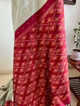 ASWITHA- NEVER WORN GRACEFUL, LIGHT GREY POCHAMPALLY SILK SAREE WITH MAROON IKAT