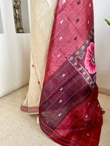 KANAKA – OFF WHITE TUSSAR WITH RUST AANCHAL AND FLORAL COLOR POP