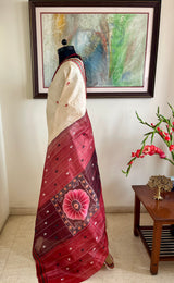 KANAKA – OFF WHITE TUSSAR WITH RUST AANCHAL AND FLORAL COLOR POP