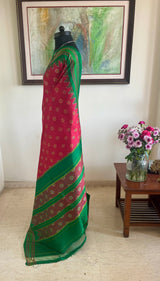 BISWAJITA - CORAL POCHAMPALLY IKAT WITH GREEN TEMPLE BORDER