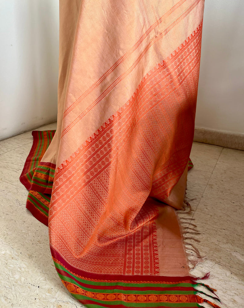 RITHIGA- PEACH KANJIVARAM SAREE WITH RUST AND GREEN BORDER