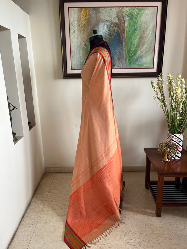 RITHIGA- PEACH KANJIVARAM SAREE WITH RUST AND GREEN BORDER