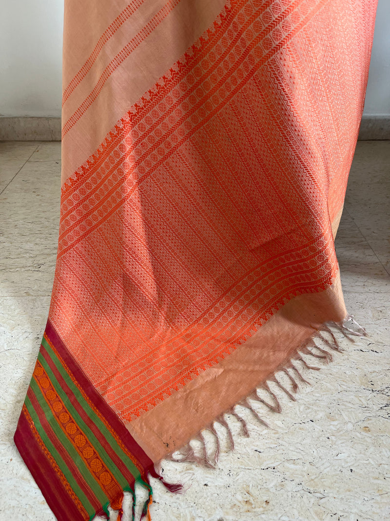 RITHIGA- PEACH KANJIVARAM SAREE WITH RUST AND GREEN BORDER
