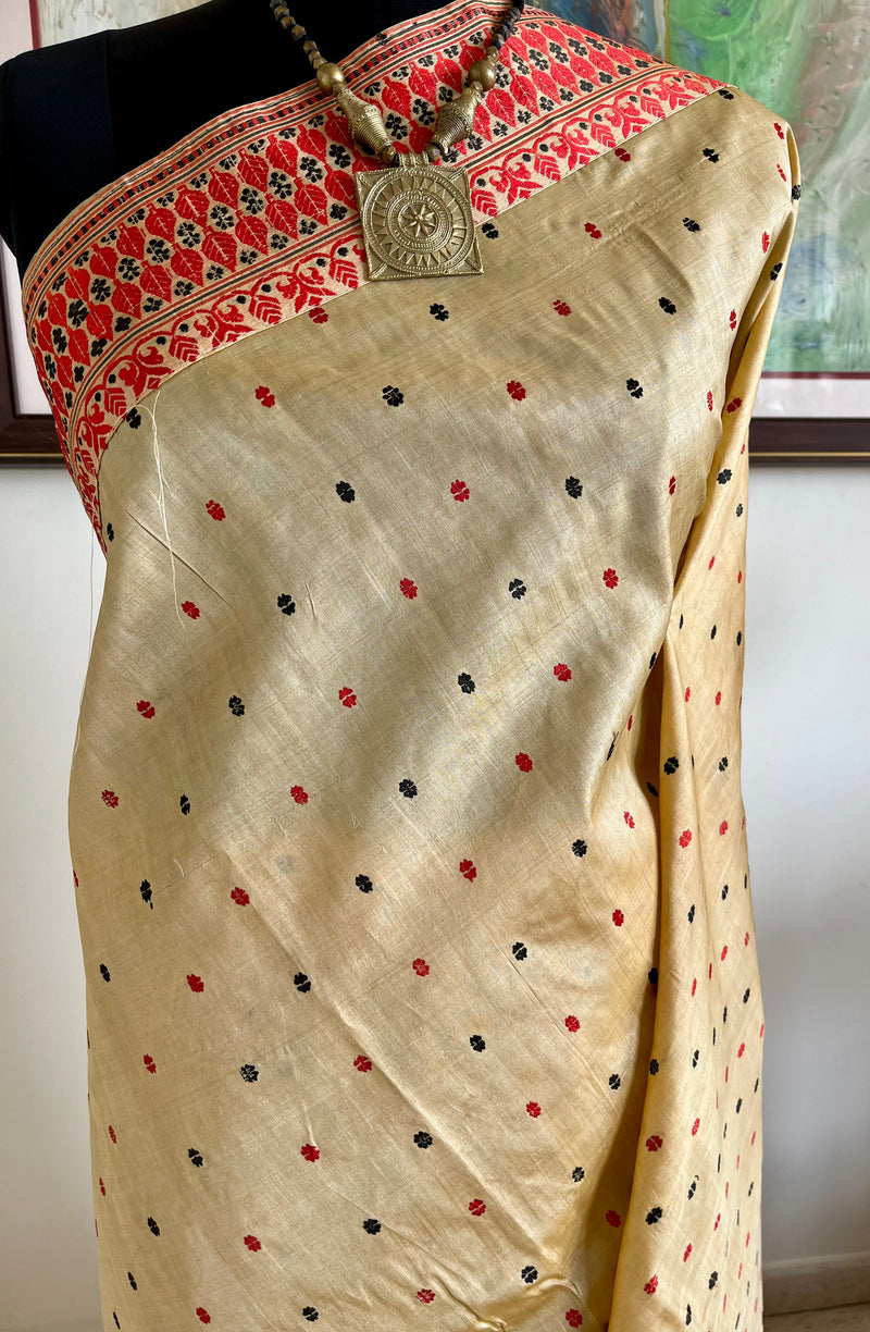 MUKULITA- LIGHT BEIGE ASSAM SILK WITH RED BLACK FLORALS