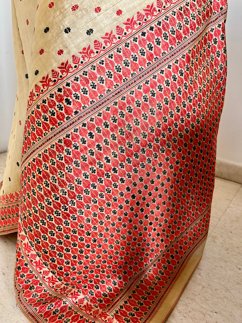 MUKULITA- LIGHT BEIGE ASSAM SILK WITH RED BLACK FLORALS