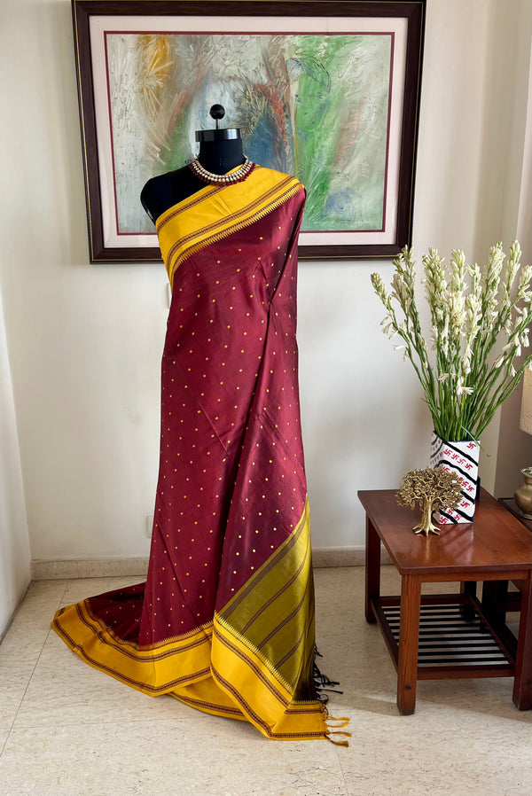 POONKODI- CHOCOLATE BROWN AND YELLOW KANJIVARAM SAREE