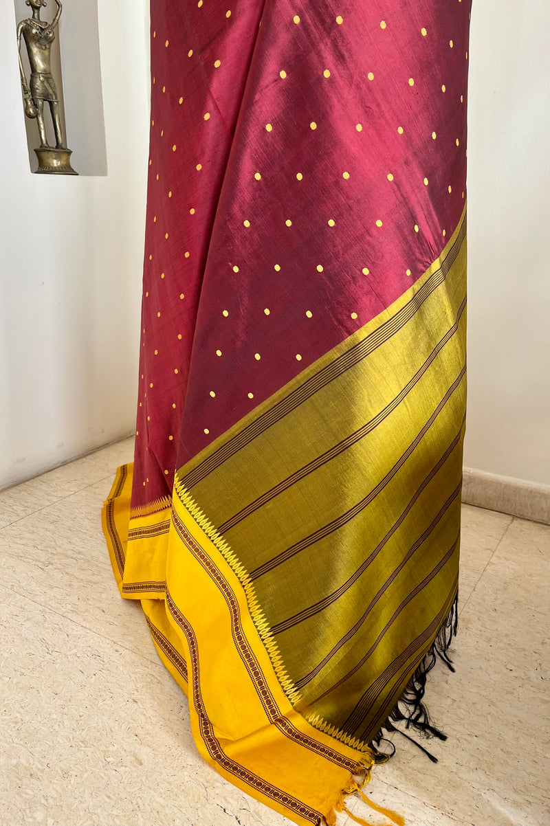 POONKODI- CHOCOLATE BROWN AND YELLOW KANJIVARAM SAREE