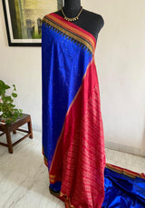 KIRAN- A BEAUTIFUL POCHAMPALLY IKKAT SAREE IN BLUE WITH TEMPLE BORDER AND A GORGEOUS RED WOVEN AANCHAL