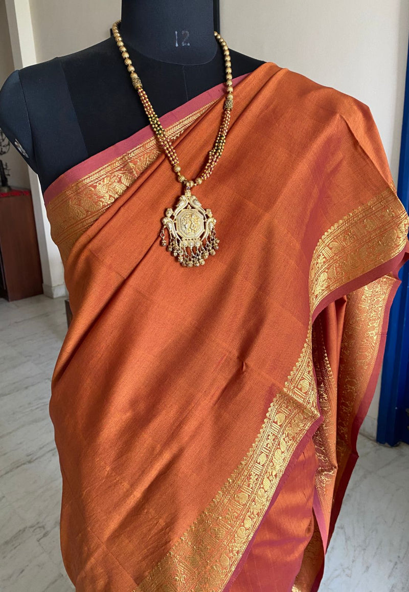 AADHYA- A GORGEOUS SILK COTTON WITH ZARI IN AN UNUSUAL HONEY COLOUR WITH MOTIFS OF PEACOCKS AND MANGO LEAVES