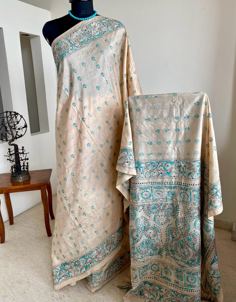 IHA- ELEGANCE IN EVERY THREAD, PEACHISH CREAM TUSSAR SILK KANTHA SAREE