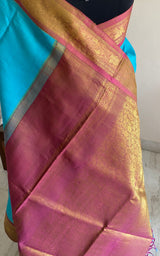 MANI- A SOOTHING, LIGHT BLUE KORVAI KANJIVARAM WITH A MAROON AND PURE GOLD ZARI WEAVE BORDER