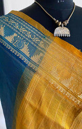 BHOOMIKA- TIMELESS SPLENDOR OF  SILK COTTON SAREE IN PEACOCK BLUE WITH CONTRASTING OCHRE AANCHAL
