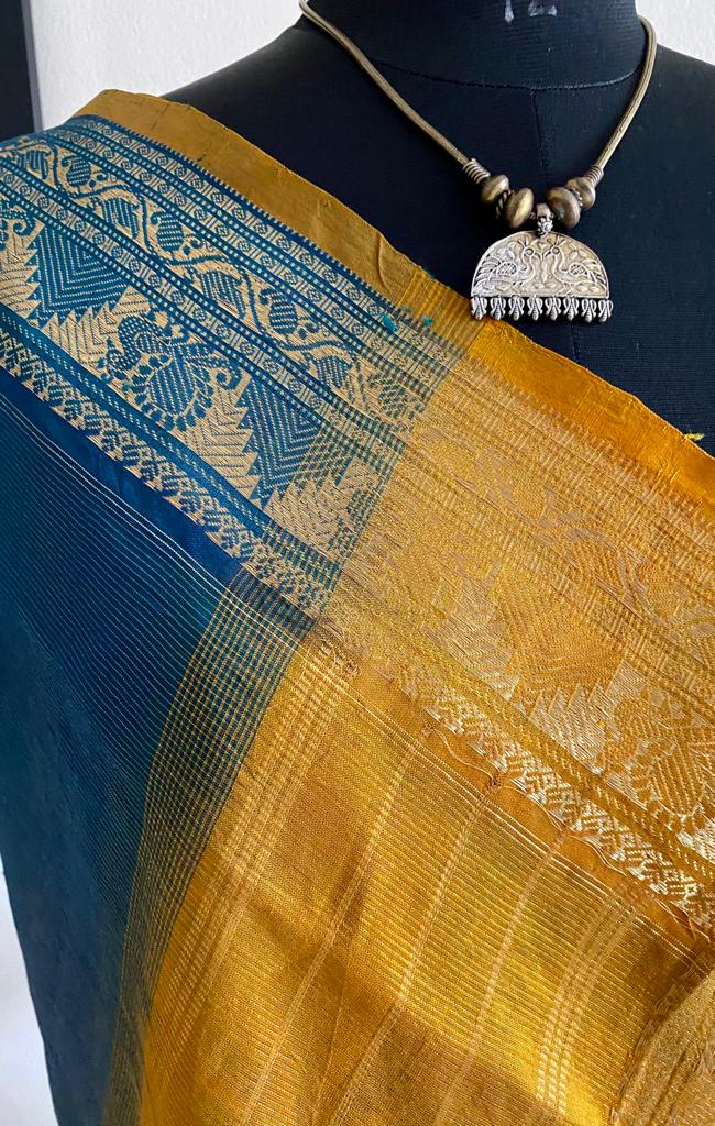 BHOOMIKA- TIMELESS SPLENDOR OF  SILK COTTON SAREE IN PEACOCK BLUE WITH CONTRASTING OCHRE AANCHAL