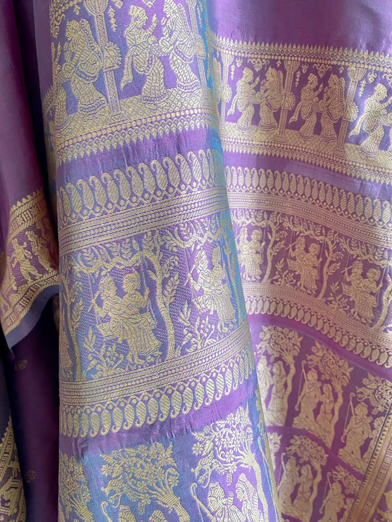 BHOOMIJA- EPIC NARRATIVES, MAUVE BALUCHARI SAREE WITH RAMAYANA STORIES WOVEN IN BEIGE BORDER AND AANCHAL