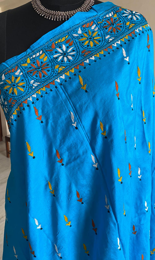 SUNANDA- BLUE SILK SAREE WITH HAND EMBROIDERED KATHA BOOTIS IN THE BODY AND AN EXQUISITE, ELABORATE AANCHAL