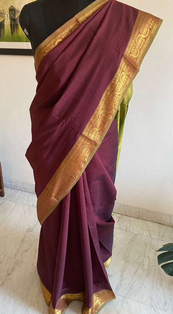 MANOJA- A SILK COTTON WITH ZARI IN A UNIQUE COMBINATION OF BROWN BODY AND PARROT GREEN BORDER AND AANCHAL
