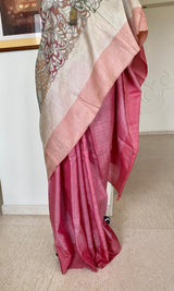 BIJOYA- EXQUISITE CREAM KANTHA TUSSAR SILK SAREE WITH UNIQUE EMBROIDERY AND PATLI DETAILING