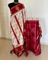 PRIYAMANI- EXQUISITE WHITE AND MAROONISH RED POCHAMPALLY SILK SAREE