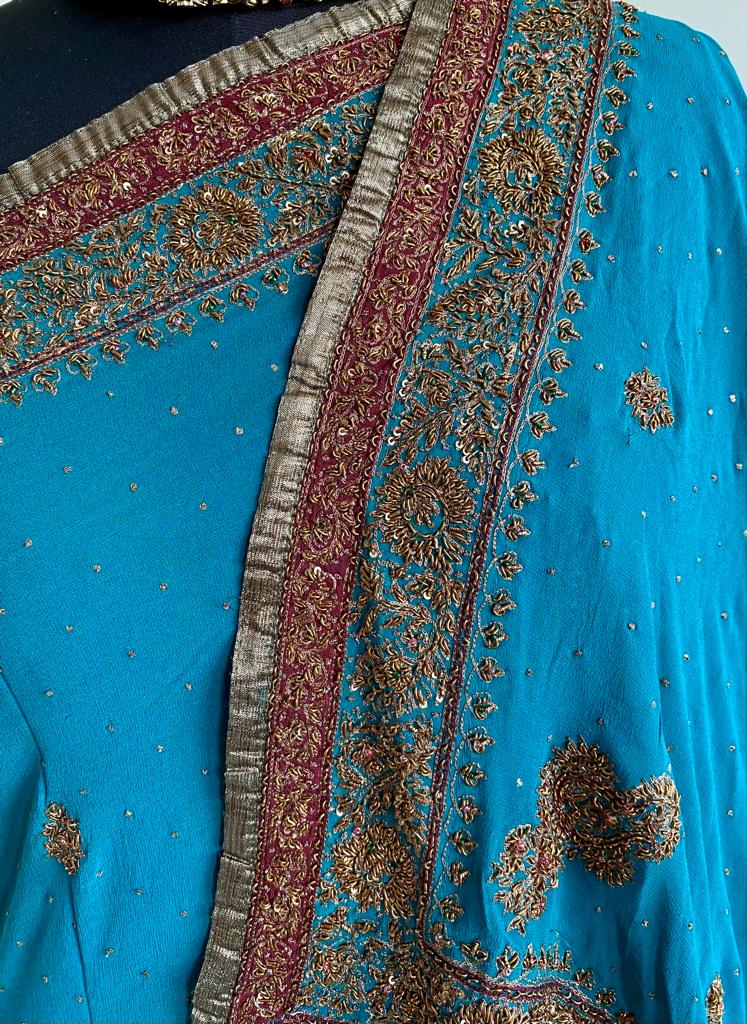 MYRA- ANTIQUE, HAND EMBROIDERED ZARDOSI ON PURE GEORGETTE IN TEAL COLOUR