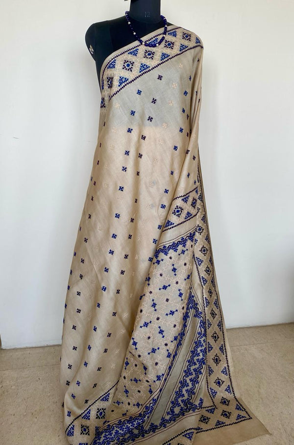 IDITRI- RADIANT BEIGE TUSSAR, SINDHI EMBROIDERY IN WHITE AND BLUE