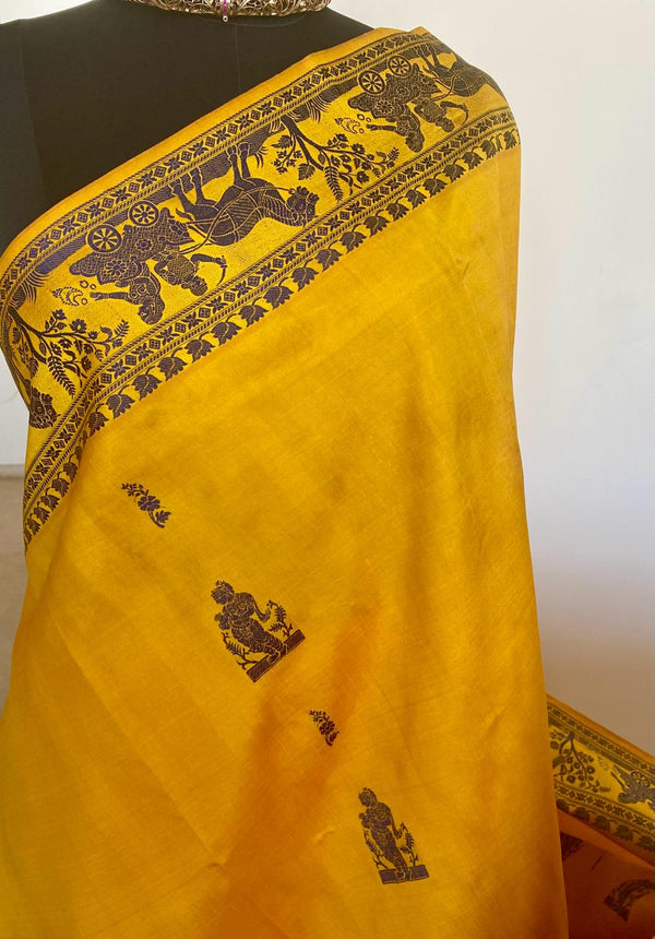 VEDAVATI- GOLDEN YELLOW AND DEEP PURPLE BALUCHARI- RAMAYANA INSPIRED ELEGANCE