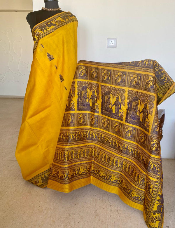 VEDAVATI- GOLDEN YELLOW AND DEEP PURPLE BALUCHARI- RAMAYANA INSPIRED ELEGANCE