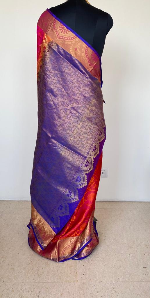 NITYA - A PURE COIMBATORE SILK SAREE IN SHOT COLOUR OF ORANGE AND PINK, FLORAL WOVEN PATTERN IN THE BODY AND A CONTRAST PURPLE AANCHAL