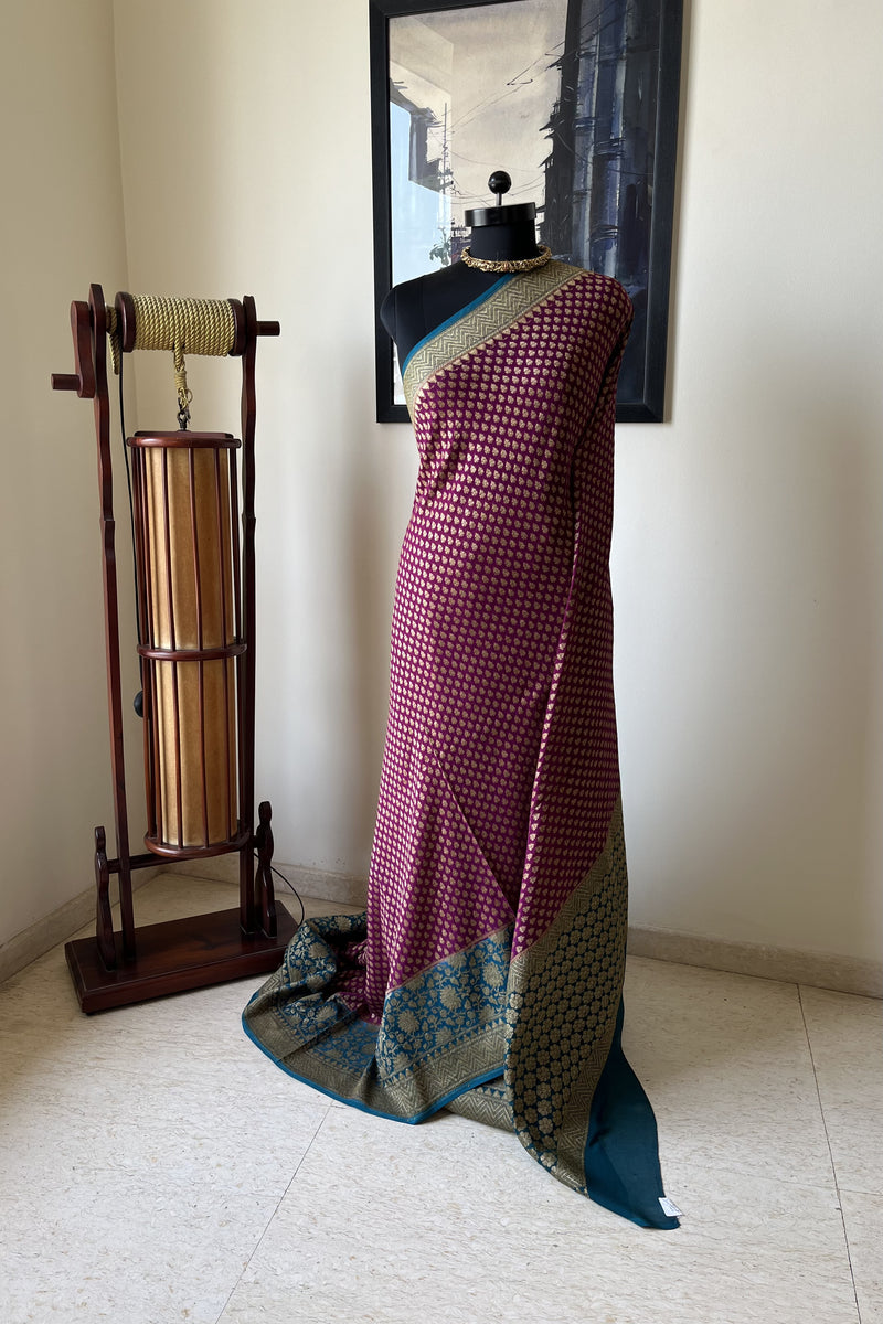 SANVIKAA – MAGENTA BANARASI GEORGETTE WITH BLUE ZARI AANCHAL