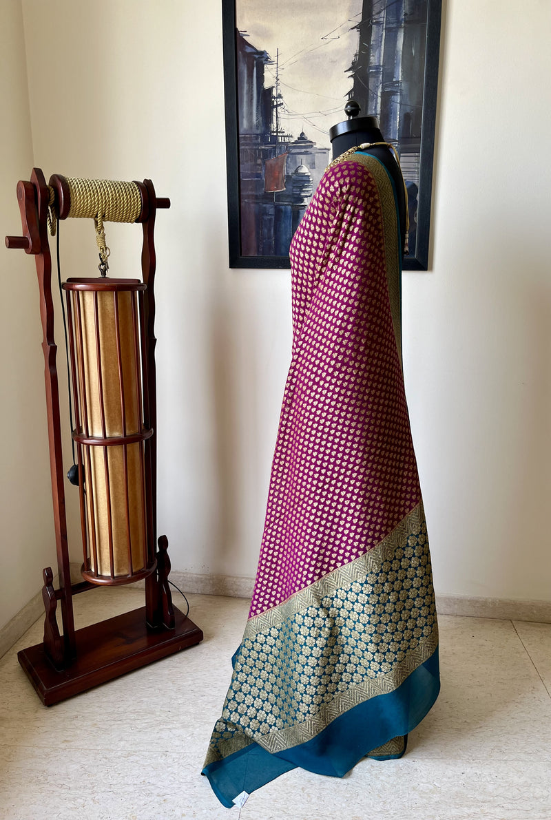 SANVIKAA – MAGENTA BANARASI GEORGETTE WITH BLUE ZARI AANCHAL