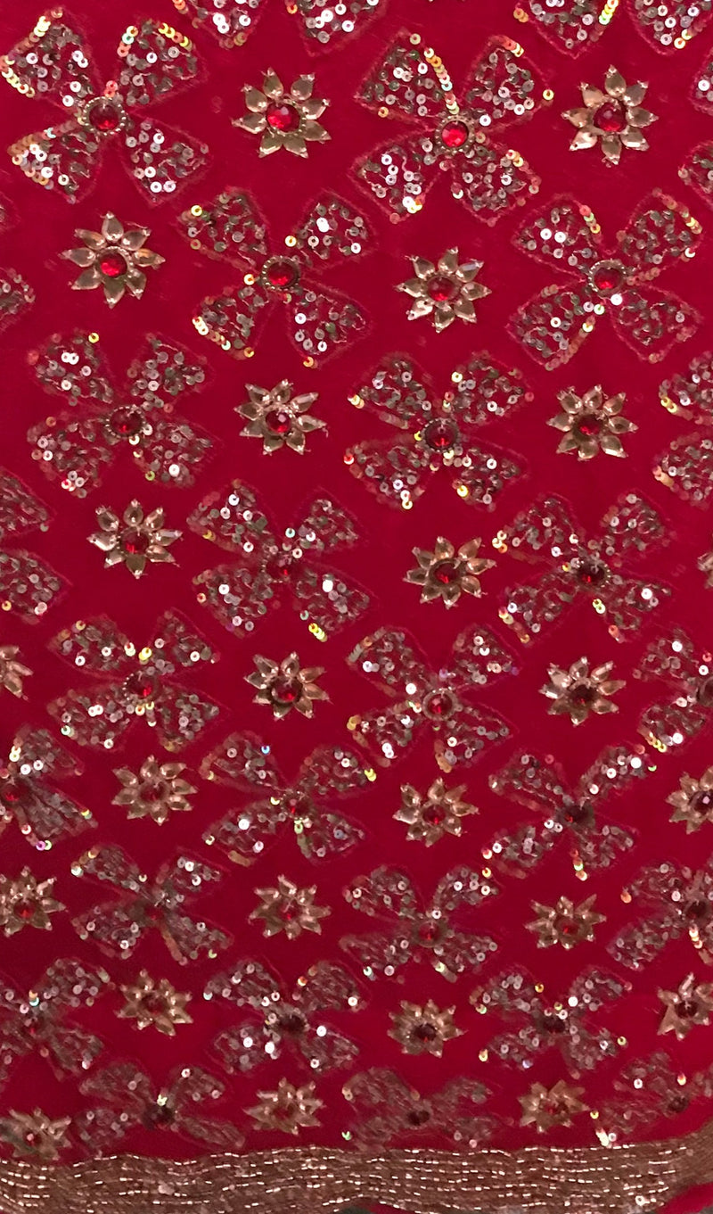 RATANJALI- A BEAUTIFUL RED GEORGETTE WITH SEQUIN AND STONE WORK ALL OVER THE BODY IN FLORAL PATTERNS AND A MULTILINED SEQUIN BORDER
