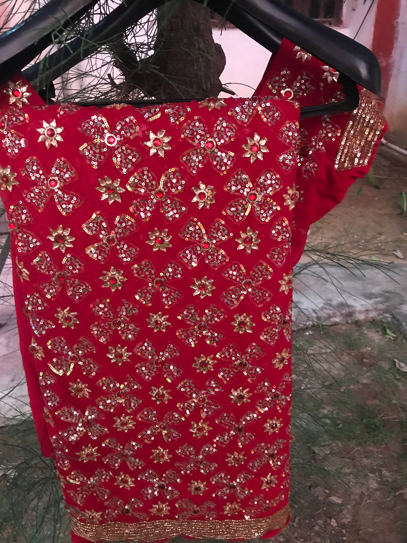 RATANJALI- A BEAUTIFUL RED GEORGETTE WITH SEQUIN AND STONE WORK ALL OVER THE BODY IN FLORAL PATTERNS AND A MULTILINED SEQUIN BORDER
