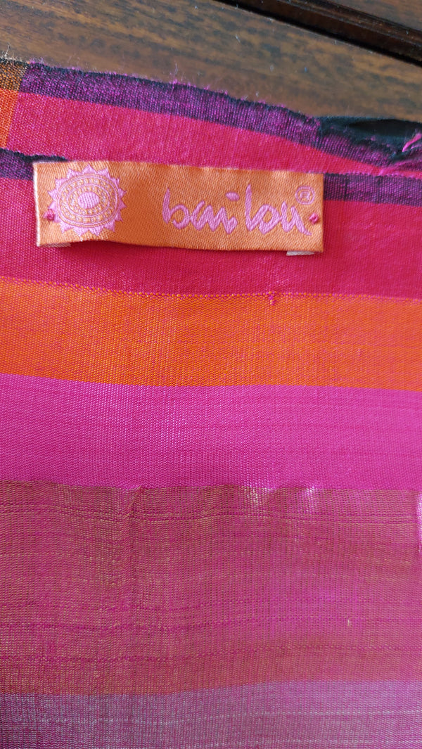 NADIA- A BEAUTIFUL LINEN SILK SAREE IN PLAIN BLACK WITH SILVER, GOLD, BRIGHT RED, BURNT ORANGE MAGENTA STRIPES IN THE BORDER AND AANCHAL